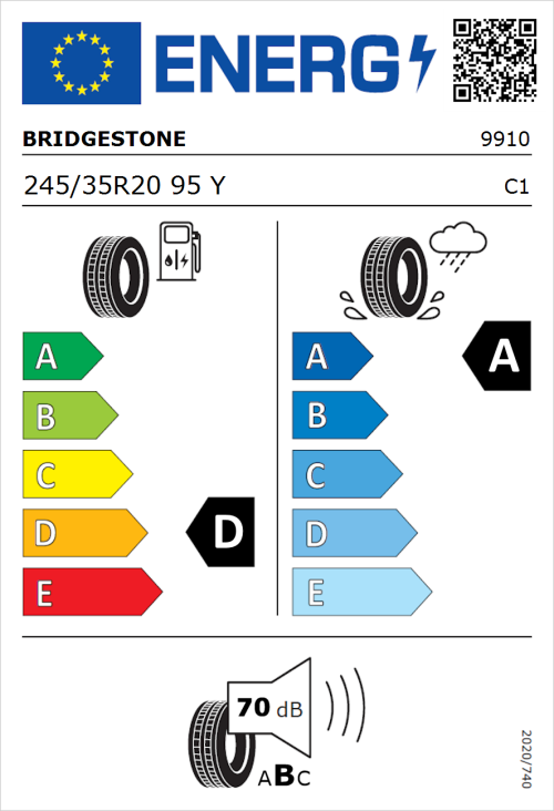 Tyre Label for Bridgestone Potenza S007 245/35R20 95Y