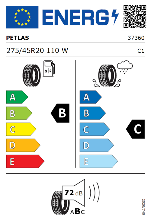 Tyre Label for Petlas Explero PT431 H/T 275/45R20 110W