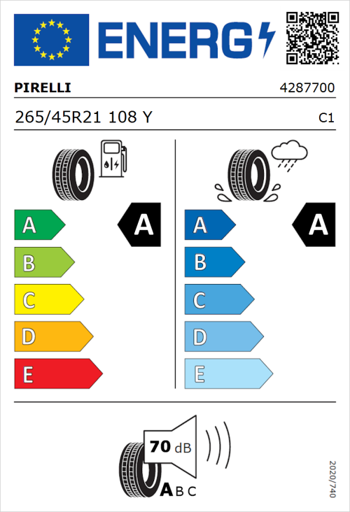 Tyre Label for Pirelli P ZERO E 265/45R21 108Y