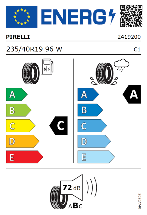Tyre Label for Pirelli Cinturato P7 (Seal) 235/40R19 96W